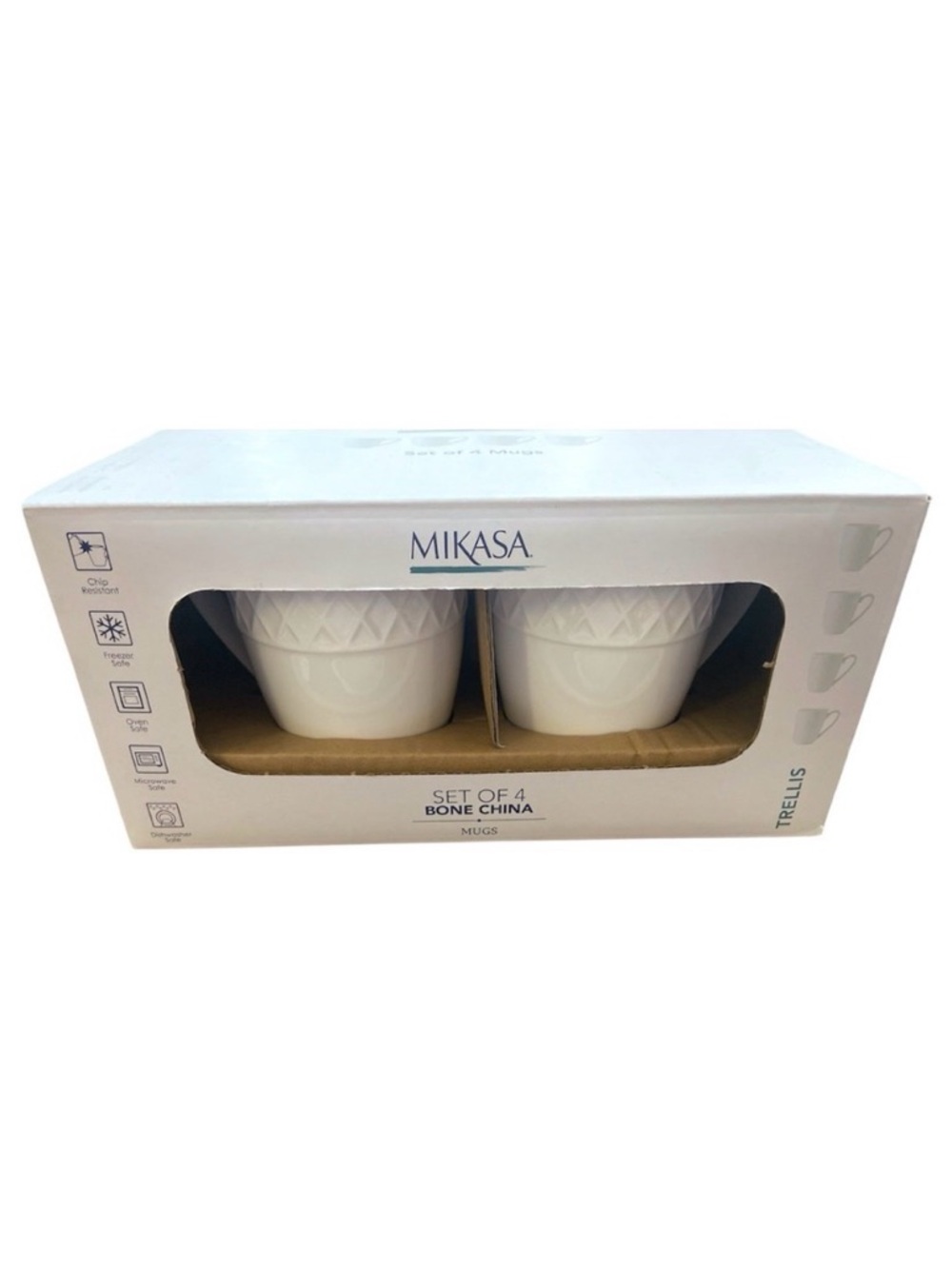 Mikasa Trellis White Bone China Mugs Set of 4 Chip Resistant 16 Oz Coffee Cups‎